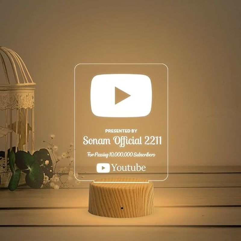 Personalized YouTube Desk Table Lamp with Warm White Light Customized with Name  Gift for Youtuber  Home & Office Decor Light