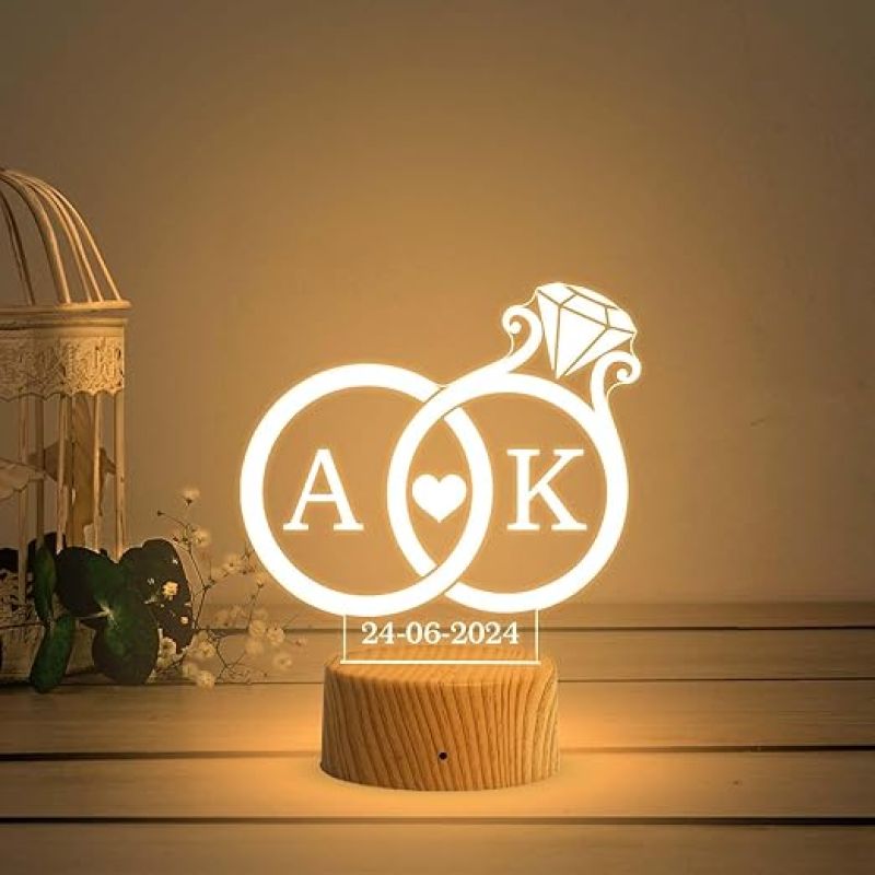 Personalized Ring Shape Design Lamp Customized with Alphabet Letter & Date  Desk Table Lamp with Warm White Light   Engagement Gift for Couple