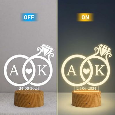 Personalized Ring Shape Design Lamp Customized with Alphabet Letter & Date  Desk Table Lamp with Warm White Light   Engagement Gift for Couple