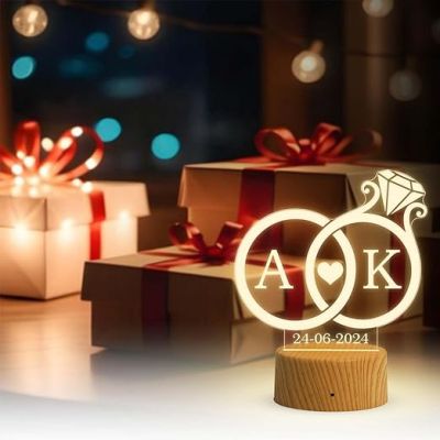 Personalized Ring Shape Design Lamp Customized with Alphabet Letter & Date  Desk Table Lamp with Warm White Light   Engagement Gift for Couple