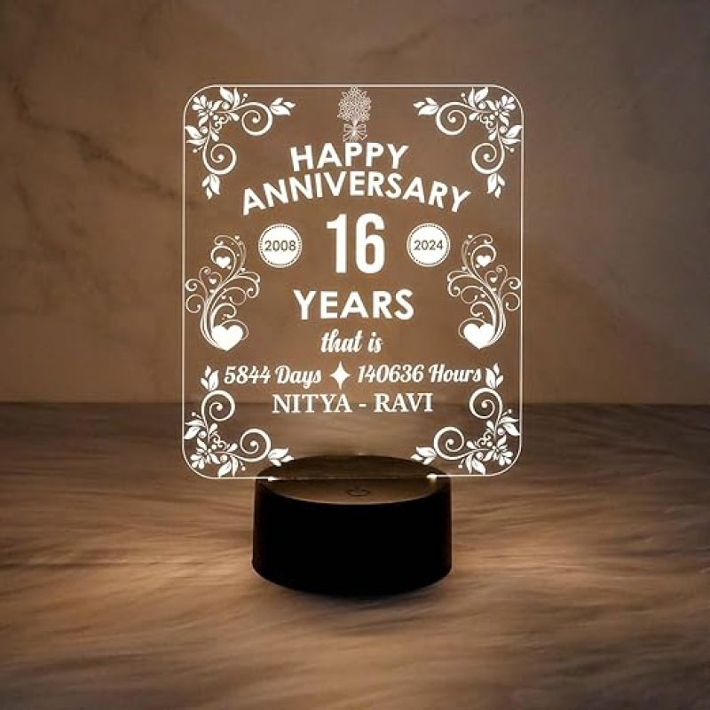 Happy 16th Anniversary Night Lamp  Personalized with Name  Anniversary Gift for Husband Wife Parents  Gift Anniversary, Wedding, Marriage, Valentine Day (Warm White Light)