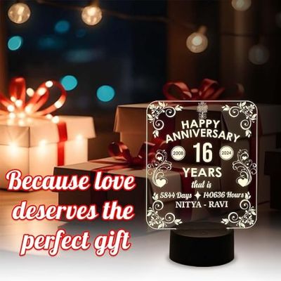 Happy 16th Anniversary Night Lamp  Personalized with Name  Anniversary Gift for Husband Wife Parents  Gift Anniversary, Wedding, Marriage, Valentine Day (Warm White Light)