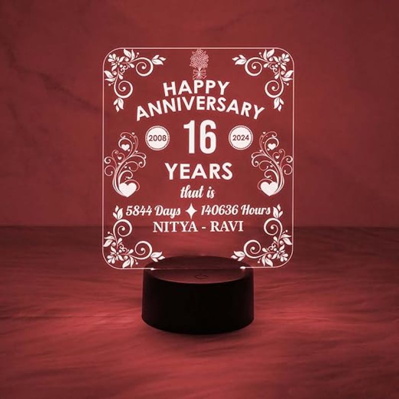 Happy 16th Anniversary Night Lamp  Personalized with Name  Anniversary Gift for Husband Wife Parents  Gift Anniversary, Wedding, Marriage, Valentine Day (Multicolored Light)