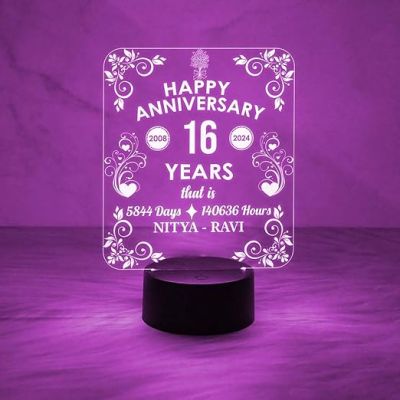 Happy 16th Anniversary Night Lamp  Personalized with Name  Anniversary Gift for Husband Wife Parents  Gift Anniversary, Wedding, Marriage, Valentine Day (Multicolored Light)