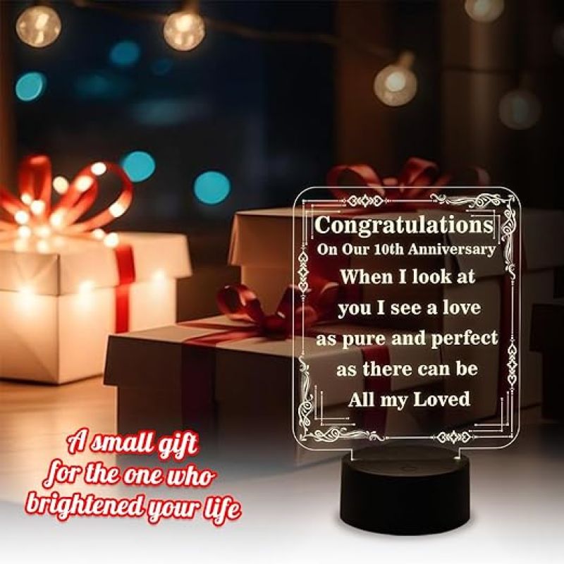 10th Anniversary Gift Night Lamp  Anniversary Gift for Husband Wife  Warm White Light Anniversary Gift for Friend  Couple Anniversary Gift