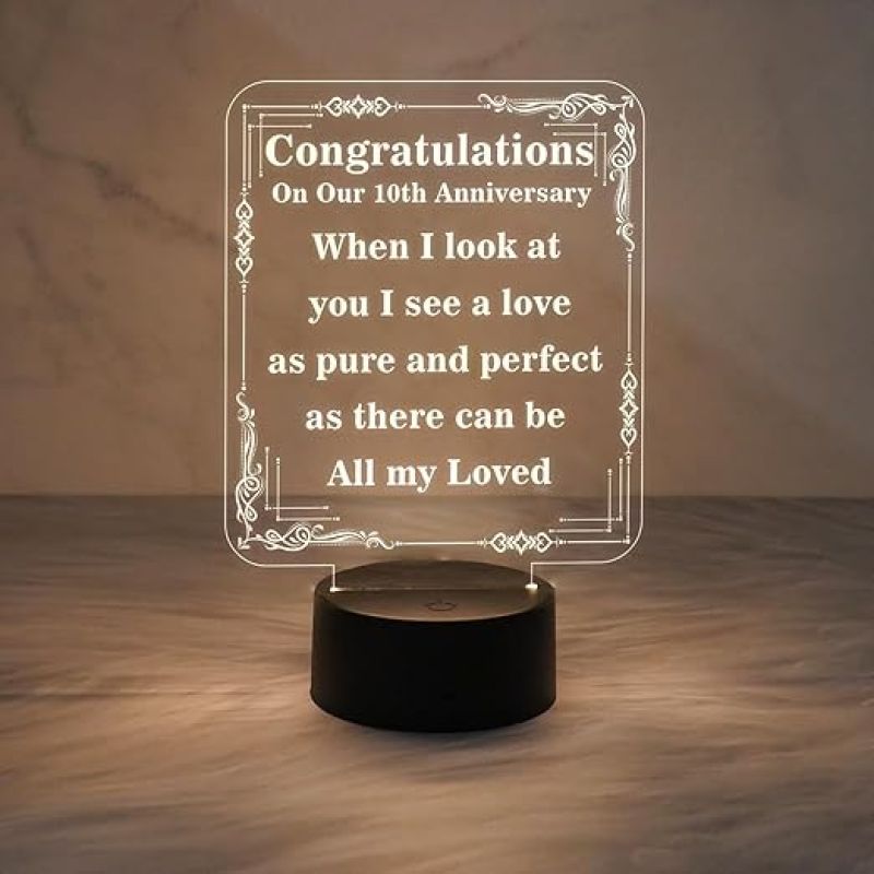 10th Anniversary Gift Night Lamp  Anniversary Gift for Husband Wife  Warm White Light Anniversary Gift for Friend  Couple Anniversary Gift