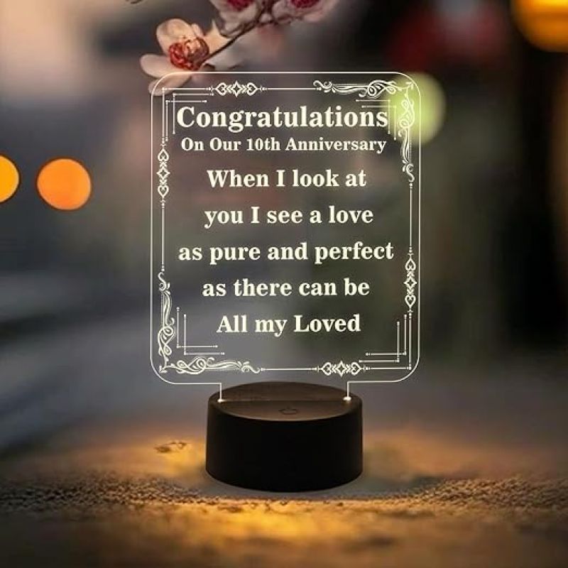 10th Anniversary Gift Night Lamp  Anniversary Gift for Husband Wife  Warm White Light Anniversary Gift for Friend  Couple Anniversary Gift