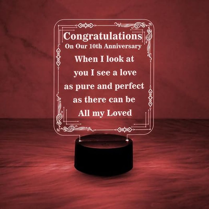 10th Anniversary Gift Night Lamp  Anniversary Gift for Husband Wife  7 Color Changing Light Anniversary Gift for Friend  Couple Anniversary Gift