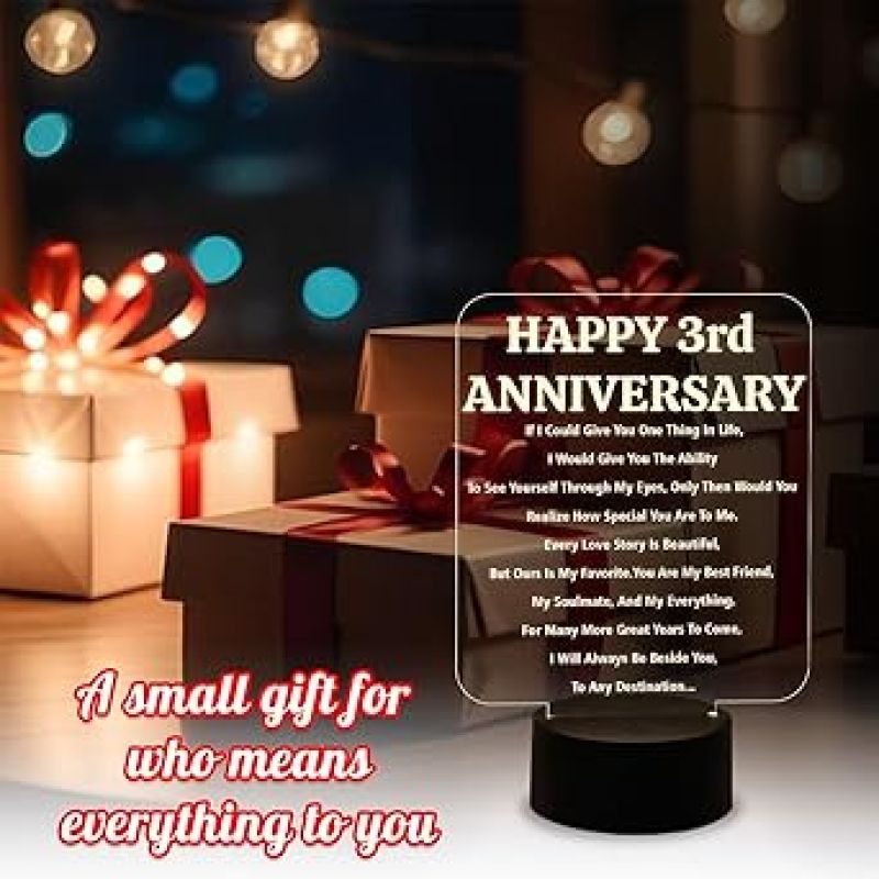 Happy 3rd Anniversary Engraved Night Lamp with Light  Anniversary Gift for Wife  3rd Anniversary Gift for Husband