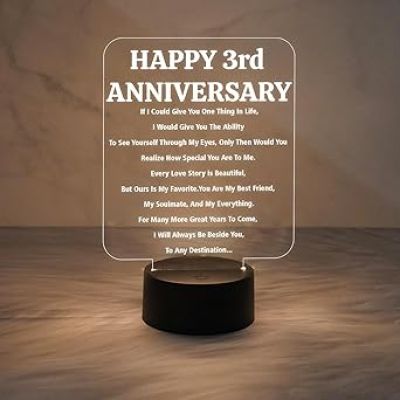 Happy 3rd Anniversary Engraved Night Lamp with Light  Anniversary Gift for Wife  3rd Anniversary Gift for Husband