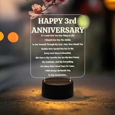 Happy 3rd Anniversary Engraved Night Lamp with Light  Anniversary Gift for Wife  3rd Anniversary Gift for Husband