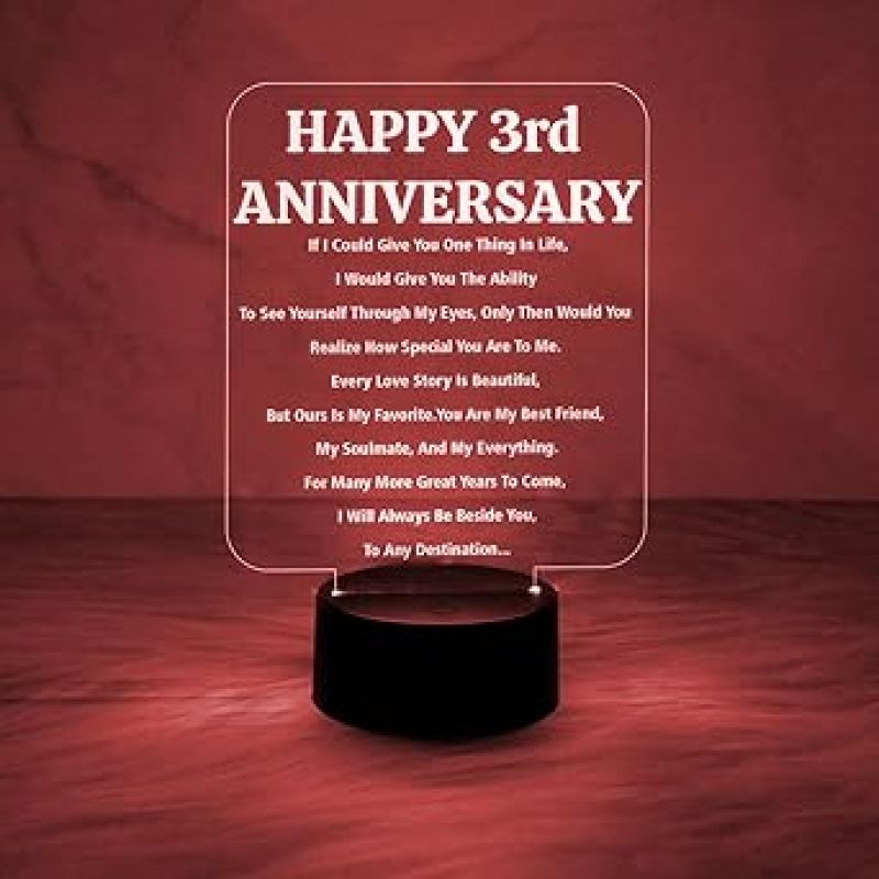 Happy 3rd Anniversary Engraved Night Lamp with Automatic Color Changing Light  Anniversary Gift for Wife  3rd Anniversary Gift for Husband