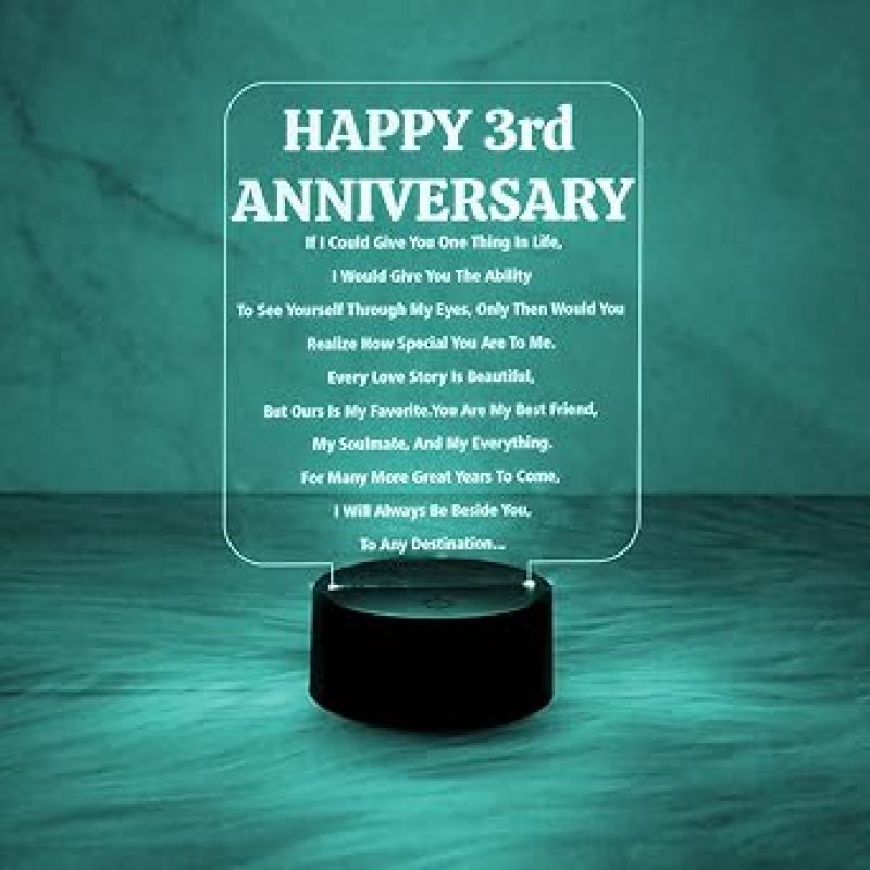 Happy 3rd Anniversary Engraved Night Lamp with Automatic Color Changing Light  Anniversary Gift for Wife  3rd Anniversary Gift for Husband