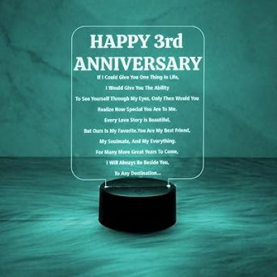 Happy 3rd Anniversary Engraved Night Lamp with Automatic Color Changing Light  Anniversary Gift for Wife  3rd Anniversary Gift for Husband