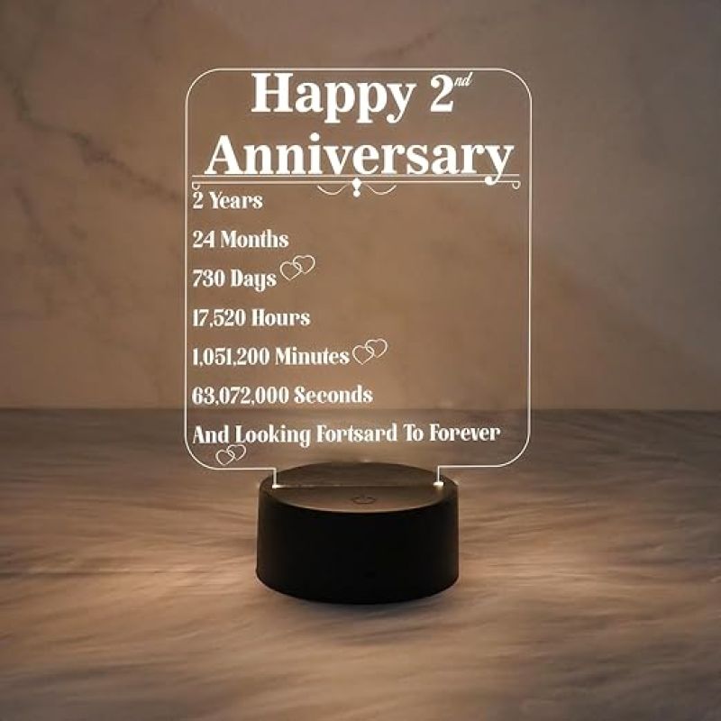 Happy 2nd Anniversary Night Lamp for Bedroom Decor Light & Best Gift for Wife  Surprise Gift for Husband  Warm White Light