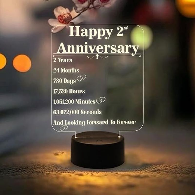 Happy 2nd Anniversary Night Lamp for Bedroom Decor Light & Best Gift for Wife  Surprise Gift for Husband  Warm White Light