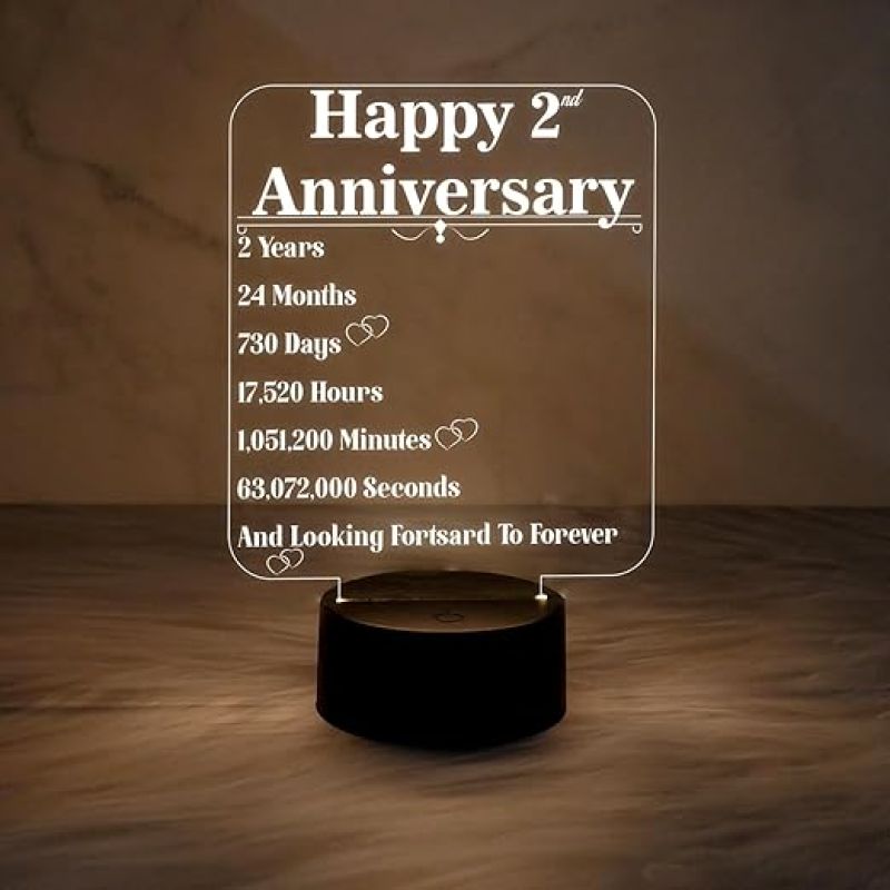 Happy 2nd Anniversary Night Lamp for Bedroom Decor Light & Best Gift for Wife  Surprise Gift for Husband  Warm White Light