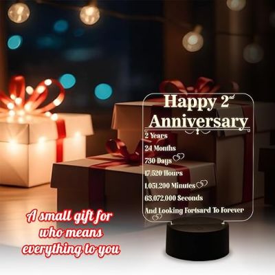 Happy 2nd Anniversary Night Lamp for Bedroom Decor Light & Best Gift for Wife  Surprise Gift for Husband  Warm White Light