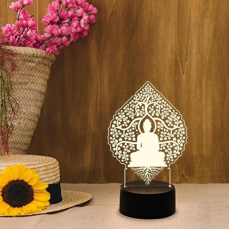 Buddha Sitting Under a Bodhi Tree Acrylic Led Lamp with Warm White Light  Buddha Night Lamp  Bedside Desk Table Light