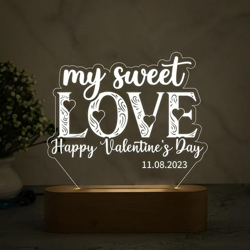 Happy Valentine Day My Sweet Love Night Lamp  Personalized with Date  Warm White Light  Gift for Wife Husband  Best Gift for Valentine Day