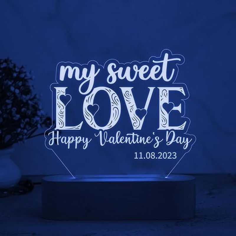 Happy Valentine Day My Sweet Love Night Lamp  Personalized with Date  Automatic Color Changing Light  Gift for Wife Husband  Best Gift for Valentine Day
