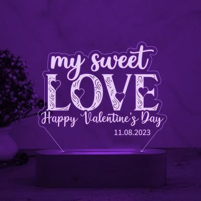 Happy Valentine Day My Sweet Love Night Lamp  Personalized with Date  Automatic Color Changing Light  Gift for Wife Husband  Best Gift for Valentine Day