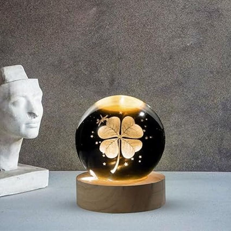 Flower Design Crystal Ball Night Light with Wooden Base & Warm White Light Color  Flower Desk lamp  Home & Office Decor Lamp  Birthday Gift