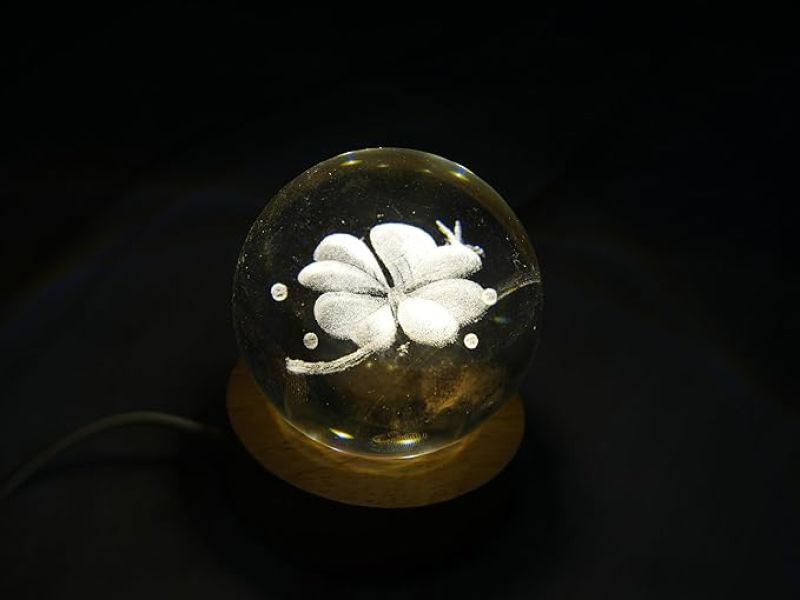 Flower Design Crystal Ball Night Light with Wooden Base & Warm White Light Color  Flower Desk lamp  Home & Office Decor Lamp  Birthday Gift