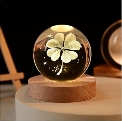 Flower Design Crystal Ball Night Light with Wooden Base & Warm White Light Color  Flower Desk lamp  Home & Office Decor Lamp  Birthday Gift