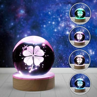 Flower Design Crystal Ball Night Light with Wooden Base & 7 Color Changing Light Color  Flower Desk lamp  Home & Office Decor Lamp  Birthday Gift