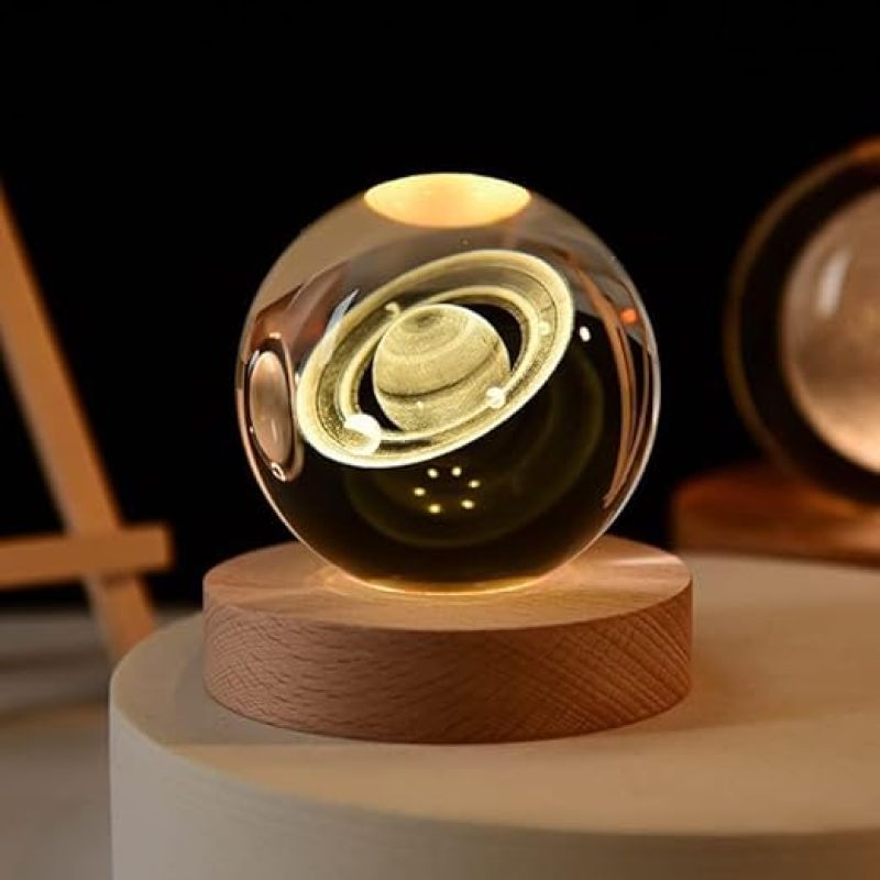 Saturn Crystal Ball Night Light  3D Solar System Crystal Ball Night Lamp with Wooden Base  Planet Nightlight Bedroom Decor  Lamp for Kids Room