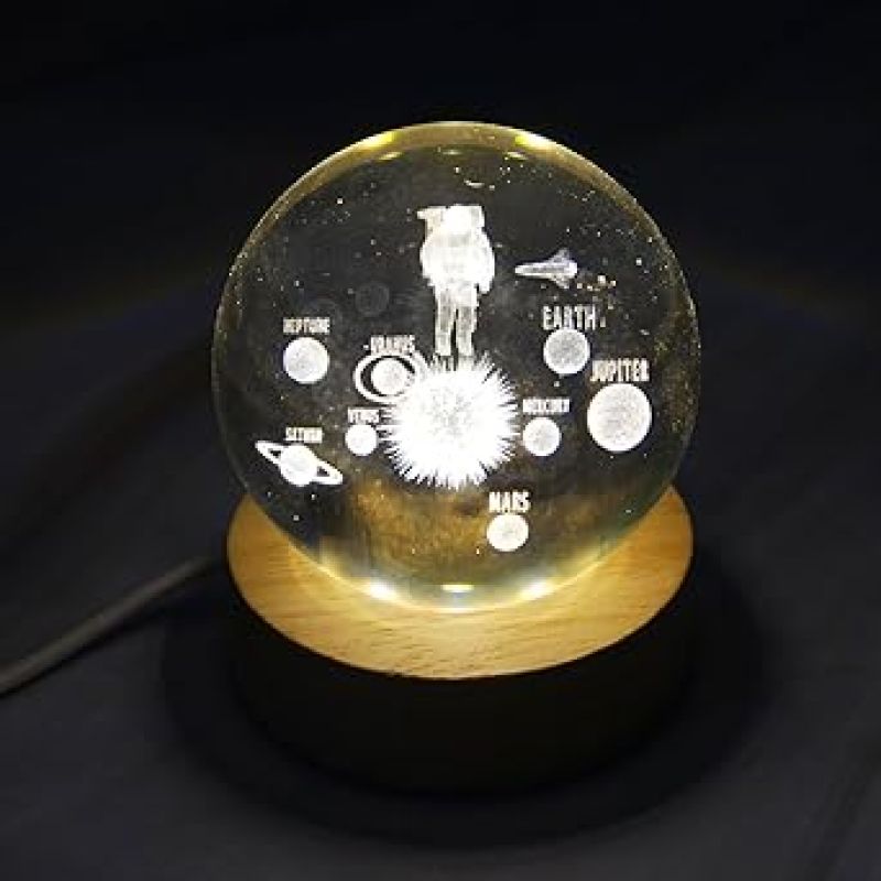 Solar System Crystal Ball Night Light  Astronaut LED Lamp with Wooden Base & Warm White Light Color  Crystal Ball for Home & Office Decoration  Birthday Gift for Kids