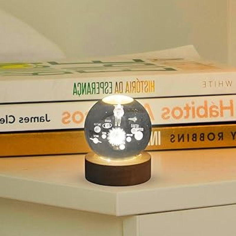 Solar System Crystal Ball Night Light  Astronaut LED Lamp with Wooden Base & Warm White Light Color  Crystal Ball for Home & Office Decoration  Birthday Gift for Kids