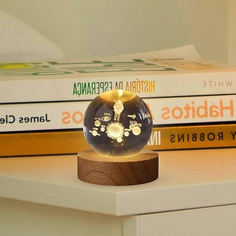 Solar System Crystal Ball Night Light  Astronaut LED Lamp with Wooden Base & Warm White Light Color  Crystal Ball for Home & Office Decoration  Birthday Gift for Kids