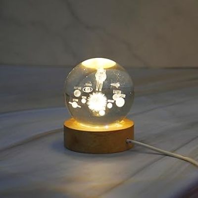 Solar System Crystal Ball Night Light  Astronaut LED Lamp with Wooden Base & Warm White Light Color  Crystal Ball for Home & Office Decoration  Birthday Gift for Kids