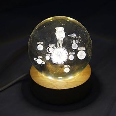 Solar System Crystal Ball Night Light  Astronaut LED Lamp with Wooden Base & Warm White Light Color  Crystal Ball for Home & Office Decoration  Birthday Gift for Kids