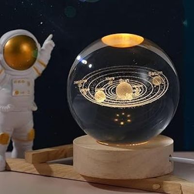 Solar System Lamp Crystal Ball Night Lamp with Warm White Light & Wooden Base  Home Decoration Light   Lamp for Kids Room  Best Gifting Items