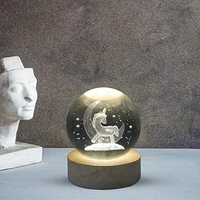 Crystal Ball Horse Night Light with Wooden Base  3D Cute Horse Crystal Ball with LED Light Base  Lamp for Kids Room  Night Light Gifts for Room Decoration