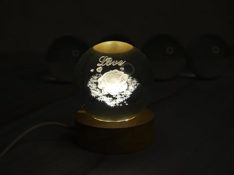Crystal Ball Night Lamp  Rose Table Lamp for Bedroom  3D Crystal Ball Rose Figurines with Light Base, for Home Decor and Birthday Gift
