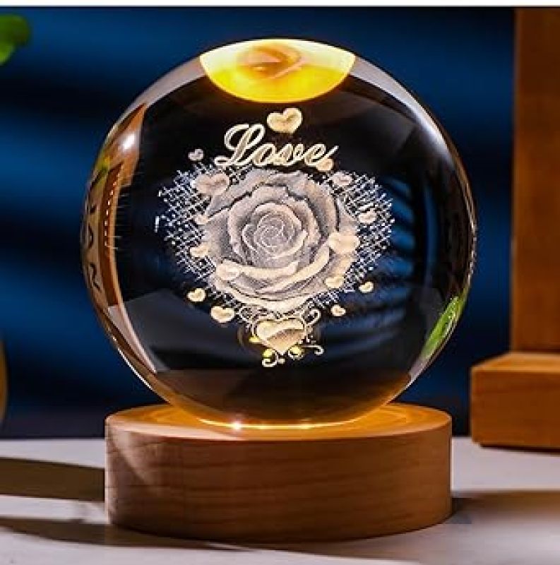 Crystal Ball Night Lamp  Rose Table Lamp for Bedroom  3D Crystal Ball Rose Figurines with Light Base, for Home Decor and Birthday Gift