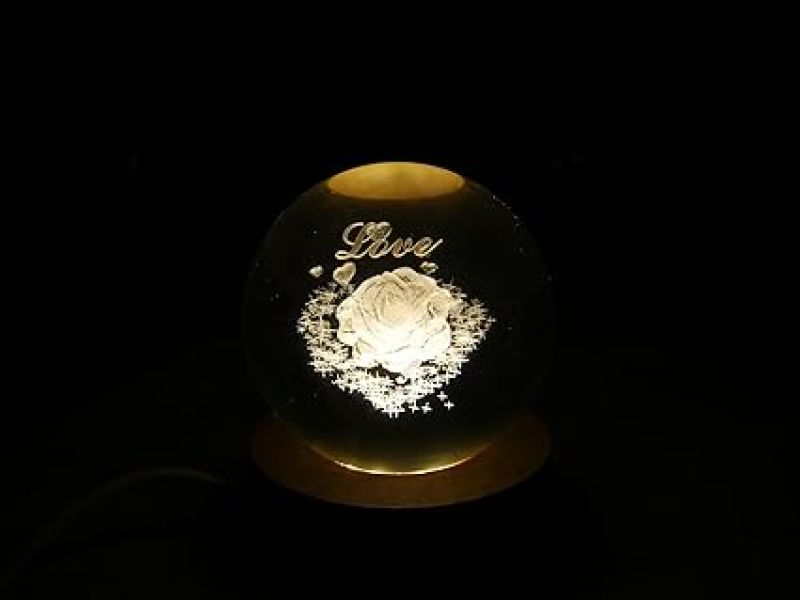 Crystal Ball Night Lamp  Rose Table Lamp for Bedroom  3D Crystal Ball Rose Figurines with Light Base, for Home Decor and Birthday Gift