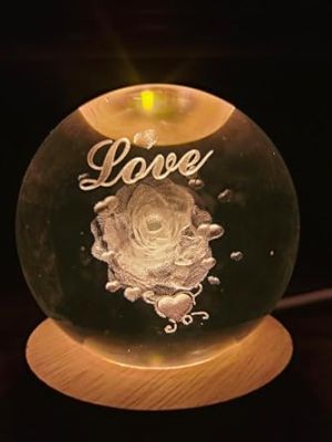 Crystal Ball Night Lamp  Rose Table Lamp for Bedroom  3D Crystal Ball Rose Figurines with Light Base, for Home Decor and Birthday Gift