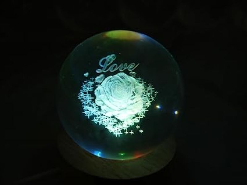 Crystal Ball Night Lamp with Multicolored Light  Rose Table Lamp for Bedroom  3D Crystal Ball Rose Figurines with Light Base, for Home Decor and Birthday Gift