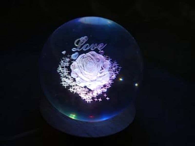 Crystal Ball Night Lamp with Multicolored Light  Rose Table Lamp for Bedroom  3D Crystal Ball Rose Figurines with Light Base, for Home Decor and Birthday Gift