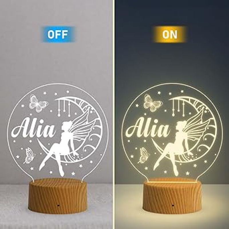 Girl Fairy Sitting On The Moon Stars Butterflies Personalized Lamp Night Light  Customized with Name  Birthday Gift for Kids  Warm White Light