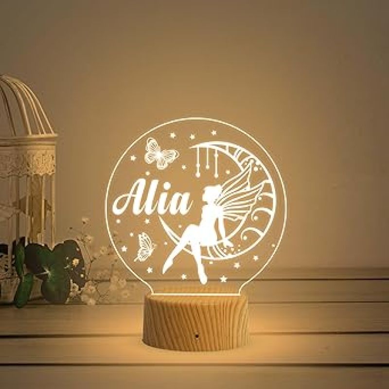 Girl Fairy Sitting On The Moon Stars Butterflies Personalized Lamp Night Light  Customized with Name  Birthday Gift for Kids  Warm White Light