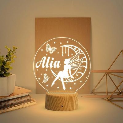 Girl Fairy Sitting On The Moon Stars Butterflies Personalized Lamp Night Light  Customized with Name  Birthday Gift for Kids  Warm White Light