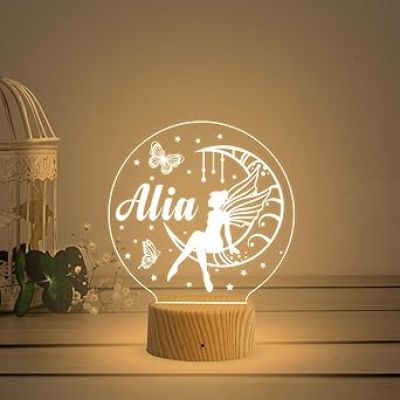 Girl Fairy Sitting On The Moon Stars Butterflies Personalized Lamp Night Light  Customized with Name  Birthday Gift for Kids  Warm White Light