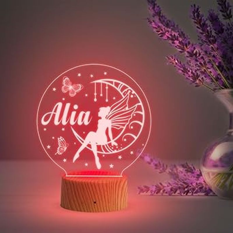 Girl Fairy Sitting On The Moon Stars Butterflies Personalized Lamp Night Light  Customized with Name  Birthday Gift for Kids  Automatic Color Changing Light