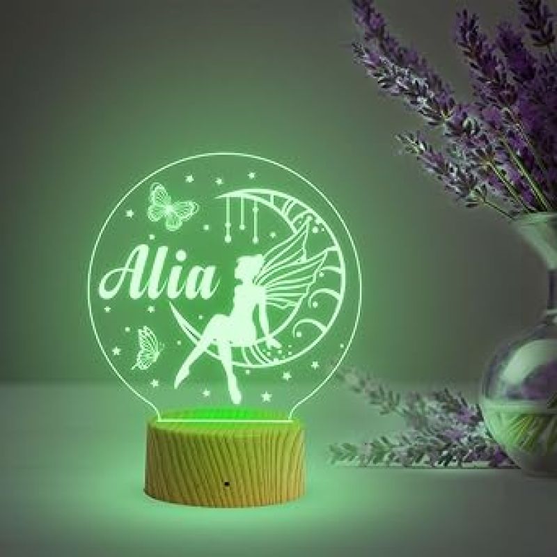 Girl Fairy Sitting On The Moon Stars Butterflies Personalized Lamp Night Light  Customized with Name  Birthday Gift for Kids  Automatic Color Changing Light